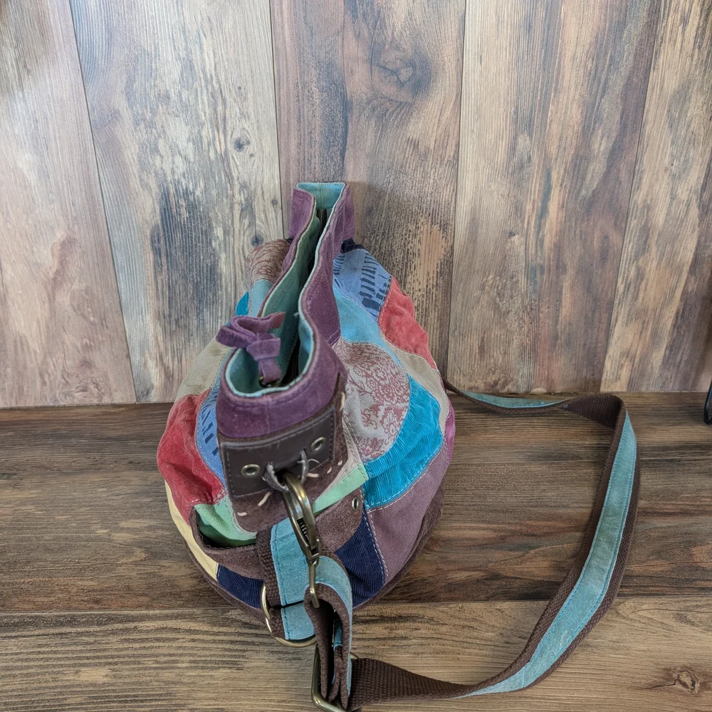 Lucky Brand Oversized Patchwork Suede Canvas Tote Vintage Adjustable Purse Bag - Picture 14 of 15